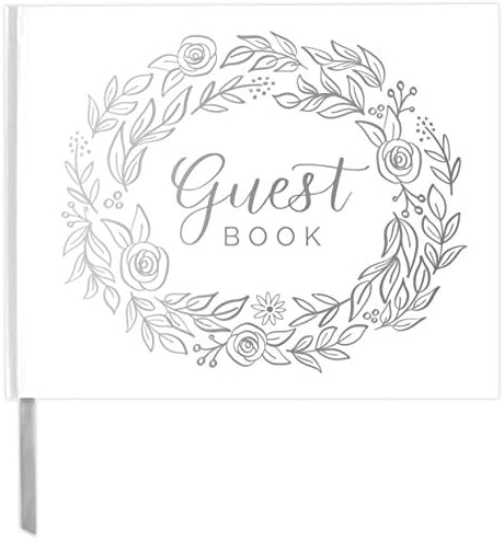 Livro de convidados de casamento da Bloom Planners - Livro de visitas e lembrança de registro de inscrição - capa dura com papel alumínio, bordas douradas e marcador - 7 x 9 - prata floral