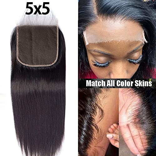 5x5 Fechamento reto de renda humana reta de fechamento de cabelo virgem não processado com cabelos de bebê pré -arrancados Parte livre de cor preta natural para mulheres negras