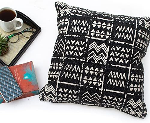Chardin Home- Black & Ivory- Capas de travesseiros impressos quadrados- Conjunto de 2 18x18 polegadas de travesseiro decorativo Boho com padrão geométrico, design de pano de barro