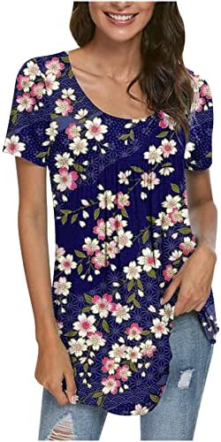 Blusas de manga curta feminina de pescoço redondo casual estampa floral dobra camisetas soltas plantas top