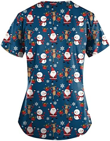 Huankd feminino Fashion Fashion 2022 Christmas Fun-Print Short Sleeve V Neck Top Work Pocket Shirt ， Shirt