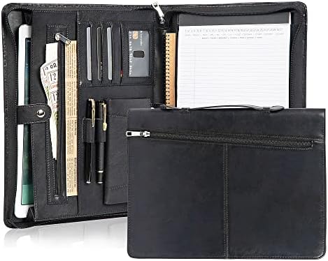 Organizador de portfólio de couro de panturrilha para homens e mulheres, pasta de portfólio de couro com alça para iPad/MacBook, com bloco de notas, bolso de telefone e slot de cartão, preto