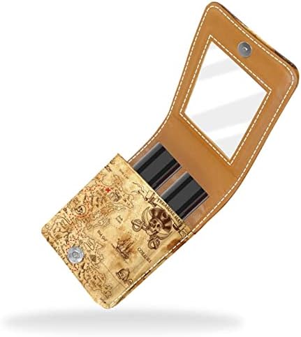 Caixa de batom de viagem do mapa do pirata, mini bolsa cosmética de couro macio com espelho, saco de organizador de maquiagem
