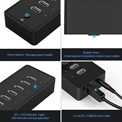 WJCCY USB HUB 10 PORTA ABS USB2.0 HUB COM ADAPTOR DE POWER 12V SPLITTER USB de alta velocidade para acessórios para computadores de PC 1M Cabo de dados