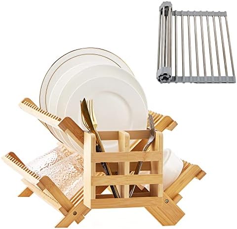 Worthug Bamboo Dish Secying Rack, Rack de secagem de madeira dobrável de 3 camadas - suporte de utensílio - role -up secagem