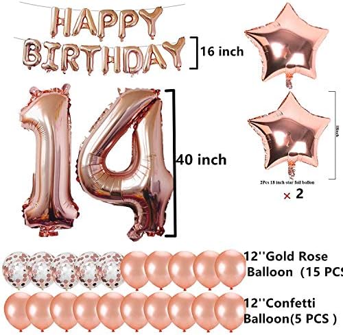 Decorações de aniversário de 14º material de festa, balões de papel alumínio de ouro rosa jumbo para suprimentos de festa de aniversário, decorações de eventos de aniversário e decorações de graduação Sweet 14 Party, 14º aniversário