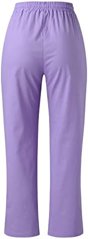 Calça de linho de algodão calças casuais de verão com bolsos soltos de cordão solto de cintura alta de cintura alta