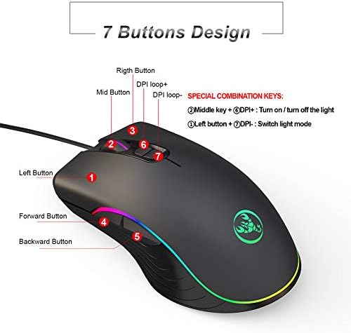 Mouse para jogos RGB completo, camundongos ergonômicos de mouse de jogos ópticos com 6 cores iluminam a luz preta, 4 dpi até 6400