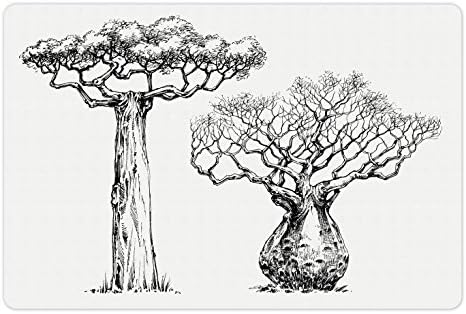 Tapete de animais de estimação da floresta lunarável para comida e água, baobab árvore da vida galhos sem folhas de esboço de esboço Decidioso traçado, retângulo de borracha sem deslizamento para cães e gatos, preto e branco