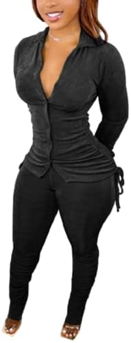 Remelon Mulheres de manga comprida Overize Lounge Conjunto de bodycon botão de veludo para baixo camisa + calça de moletes