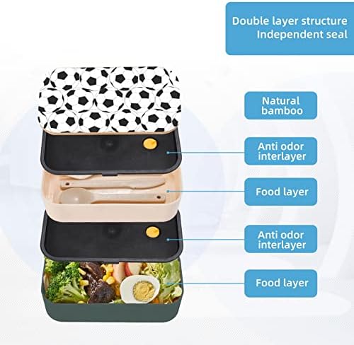 Caixa de bento de almoço de padrão de bola de futebol preto e branco com alça ajustável atualizada, recipiente de alimentos