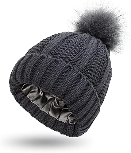 Henjoke Womens Beanie chapéus de inverno cetim forrado gorro de malha forro chapéu de caveira grossa para esqui ao ar livre