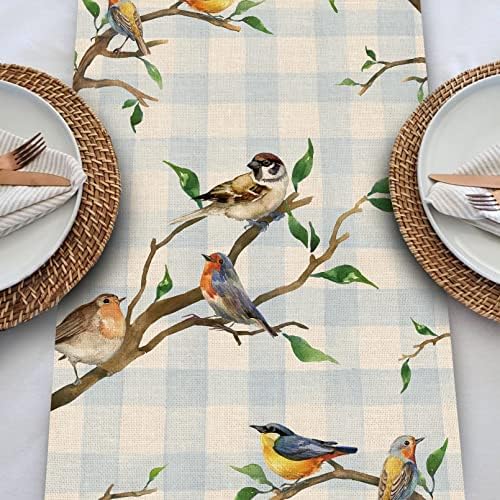 Seliem Spring Birds Tree Branches Table Runner, Buffalo xadrez xadrez bluebird robin Goldfinch chickadee home cozinha decoração