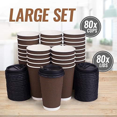 Promora marrom xícaras de café descartáveis ​​com tampas 16 oz, xícaras de ondulação de papel isoladas premium para café quente,