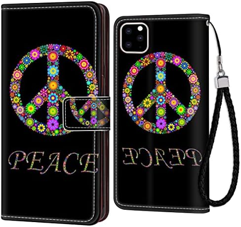 Para iPhone 11 Pro Max Wallet Case Paz Sign Floral iPhone 11 Pro Max 6.5in Soft PU Couather Shop Flip Card Card Slot com pulseiras para mulheres