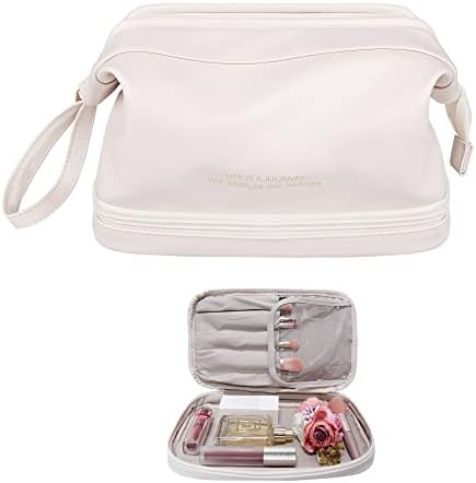 Bolsa de maquiagem ebbniur, bolsa de cosméticos de grande capacidade, bolsa de zíper de couro PU organizador de higiene pessoal para