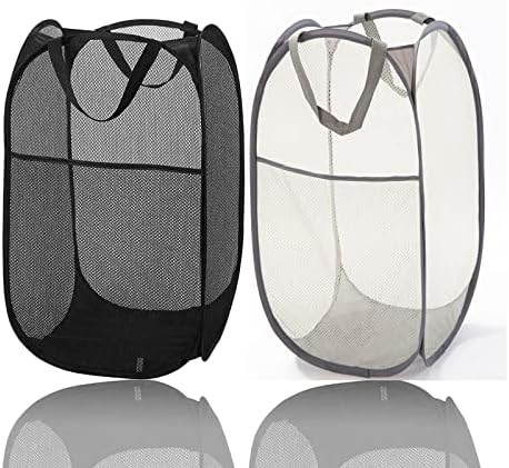 2 pacote malha malha pop-up cestas de lavanderia dobrável cestas de lavanderia com bolso lateral e alças duráveis, cesto