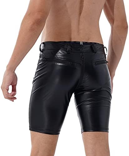 Xunzoo masculino de couro puxão masculino masculino Bodybuilding calça apertada calça de bicicleta curta de couro falso