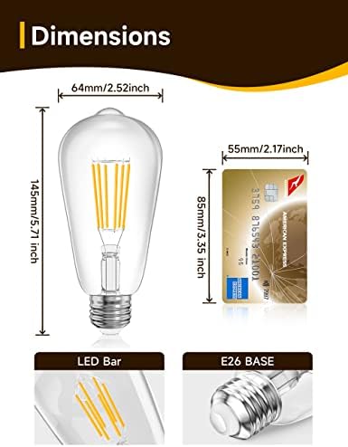 LED LED DE LED DE UNILAMP, Bulbo Edison, ST64 E26 Iluminação de base Base LED vintage Bulbos, lâmpada de 6W LED LED, 600lm, 2700k Warm White, Alto brilho de vidro transparente