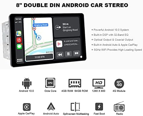 Joying 8 polegadas DIN 4GB+64 GB Android 10.0 Rádio de carro 1280 x 800 Exibição de toque completa destacável no suporte da unidade