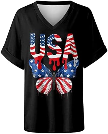 Camisas de manga curta feminina 4 de julho Patriótico Top gráfico Top V de pescoço Flowy Blouse elegante camiseta casual Casual