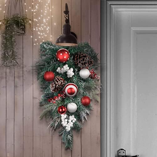 Valery Madelyn Tradicional Vermelho branco Christmas Lágrima e pacote de ganhos de porta, decoração artificial de ganhos com baga, pinheiro e ornamentos de bola para decoração de Natal em casa interna e externa