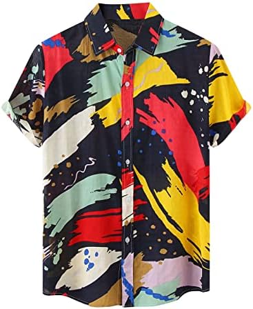 Wenkomg1 Hawaiian camisa de bloco de cores masculina, blusa casual de manga curta artística em aquarela, blusa casual