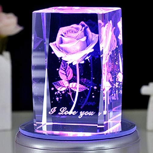 Zamtac rosa 3d laser gravado em bloco de cristal led cubo de gravura com base musical rotativa