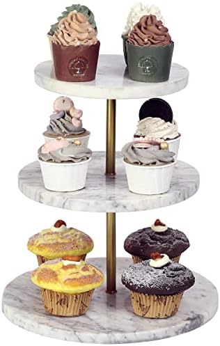 Mygift moderno redondo natural mármore branco 3 cupcakes de camada, torre de exibição de sobremesas, suporte de riser