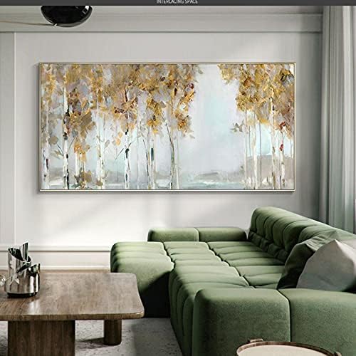 Pintura a óleo da paisagem pintada à mão Yzbedset na tela - Grande tamanho das árvores da floresta artesanal Decoração de parede de obras de arte, para sala de estar Hotel de corredor do quarto e sala de jantar, 28x56inh sem quadro
