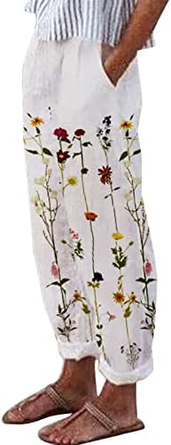 Calças de linho para mulheres calças cônicas de impressão floral casual vintage com calças Capri de Capri de Chaist de Pocket Boho High Capri