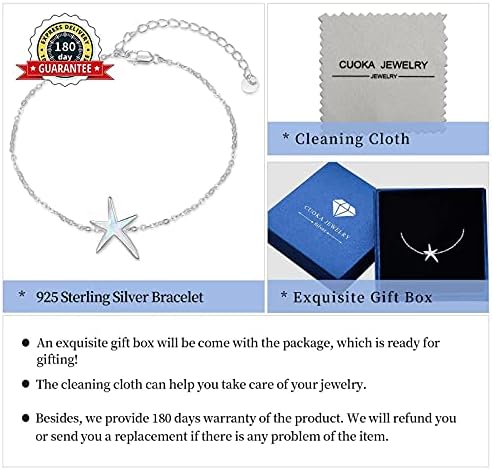 Pulseira de estrela do mar 925 prata esterlina com pulseira de correntes de opala de incêndio branco Bracelets Ocean Jewelry Birthday Gift for Women Girls