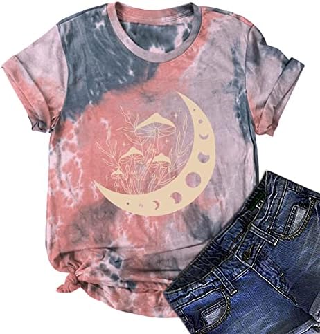 Tampas de corda de tie feminina 2023 Sun Moon cogumelo camisetas T Túnicas causais vintage Camiseta solta Camiseta fofa blusas