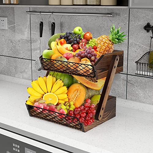 Cesta de frutas de Dorhors para cozinha, 2 camadas de fruta para balcão de cozinha, suporte de frutas de madeira para bancada