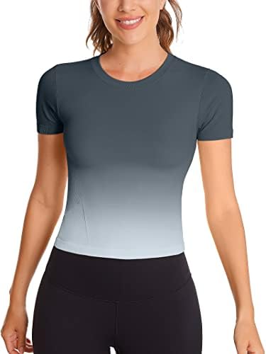 Tops de exercícios de atração para mulheres de manga curta camisas sem costura gradiente ioga top slim fit