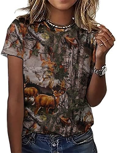 Camisetas de camuflagem de caça aos cervos para mulheres tops fofos de manga curta
