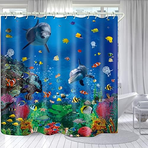 Banheiro de Lyfans Banheiro Subaquático Mundo 3D Cortina de chuveiro, cortina de chuveiro padrão de luxo, cortina de chuveiro de tecido lavável à prova d'água, com 12 ganchos brancos, 72x72 polegadas.