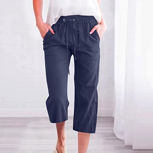 Mulheres da cintura alta calças de perna reta Casual cintura linho de algodão largura calça de perna largo