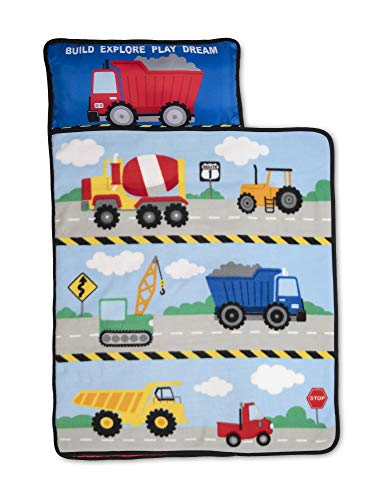 Caminhões da área de construção de diversos conjuntos de tapete infantil - inclui travesseiro e cobertor de lã - ótimo para meninos cochilando durante a creche ou na pré -escola - se encaixa em crianças pequenas, azul