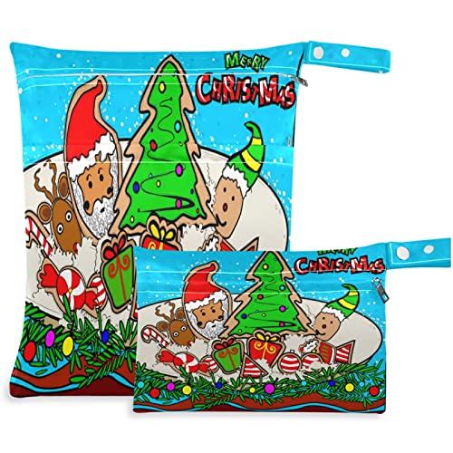 VISESUNNY Feliz Natal Santa 2pcs bolsa molhada com bolsos com zíper Feliz Ano Novo Saco de fraldas espaçosas reutilizáveis ​​para