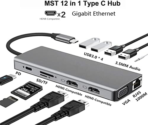 Tfiiexfl 12 em 1 USB C Adaptador de cubo C para 4K VGA RJ45 LAN Ethernet SD/TF Hub de 3,5 mm Aux 12 porta