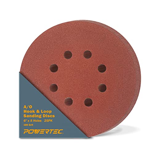 Powertec 45118 A/O Hook and Loop 8 Hole Disc, 6 polegadas, 180 Grit, 25 PK