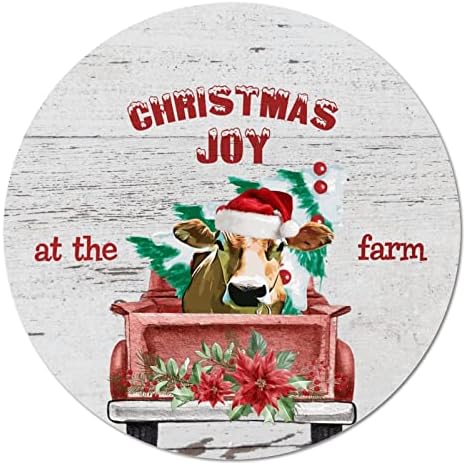 Placa de lata de metal redonda Placa de Natal Alegria na fazenda vaca e caminhão portas rústicas sigil placa placa vintage círculo