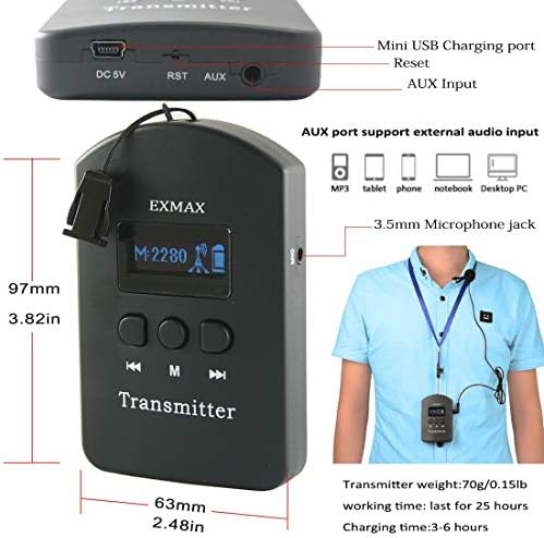 Sistema de microfone Whisper Exmax 2.4g com canais 9999, função muda, faixa de transmissão de até 100 a 150 metros, para equipe