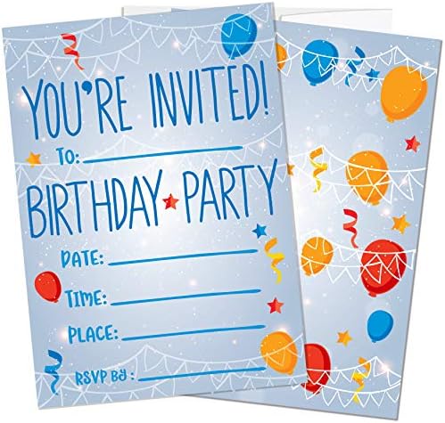 Convites de festa para meninos, meninas, crianças | 25 Cardes de convite com envelopes | Mandes de festa de aniversário