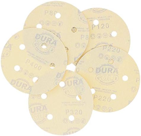 Pacote de variedades dura -ouro - discos de lixamento de 5 dourados e 5 gancho e loop da placa de apoio, padrão de 5 orifícios