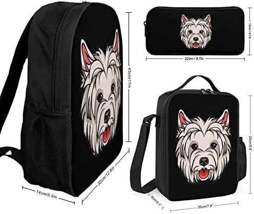 Dog West Highland White Terrier Face School Backpack Conjuntos para Student Foto Printed Bookbag Set com lancheira isolada e caixa de