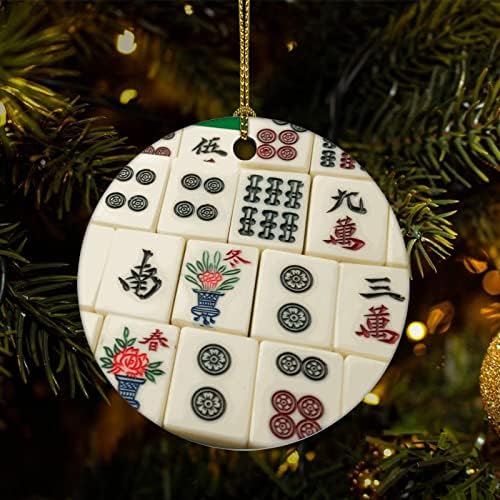 Enfeites de árvore de Natal ornamento de Natal chineses mahjong ornamento decoração de casa mahjong estampas penduradas pingentes redondo ornamentos de natal cerâmica