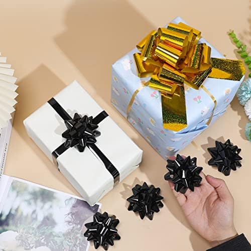 24pcs 3,5 polegadas Black Star Bows Para embalagem e presentes de presentes, 2 fitas de curling, arcos de Natal, para
