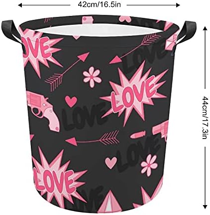 Bolsa de lavanderia do dia dos namorados rosa com alças cesto de armazenamento à prova d'água em redonda dobrável 16,5 x 17,3 polegadas